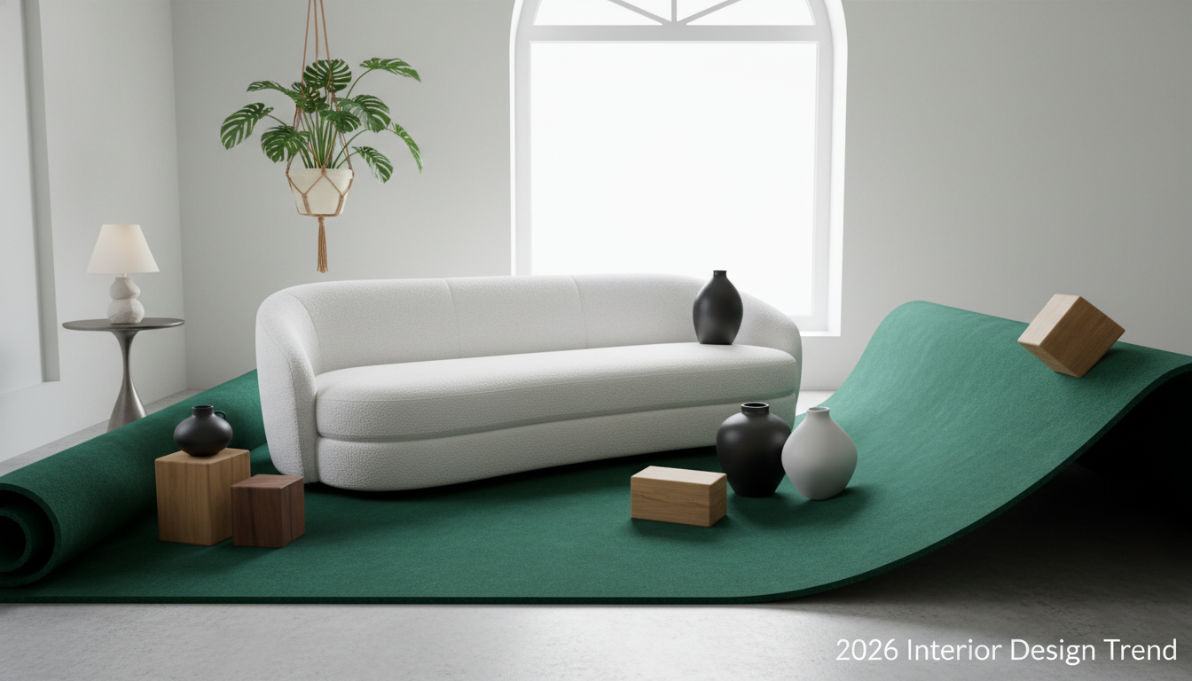 Styling inspiration featuring a white boucle sofa on a forest green saturated jewel tone rug for a balanced luxury look.