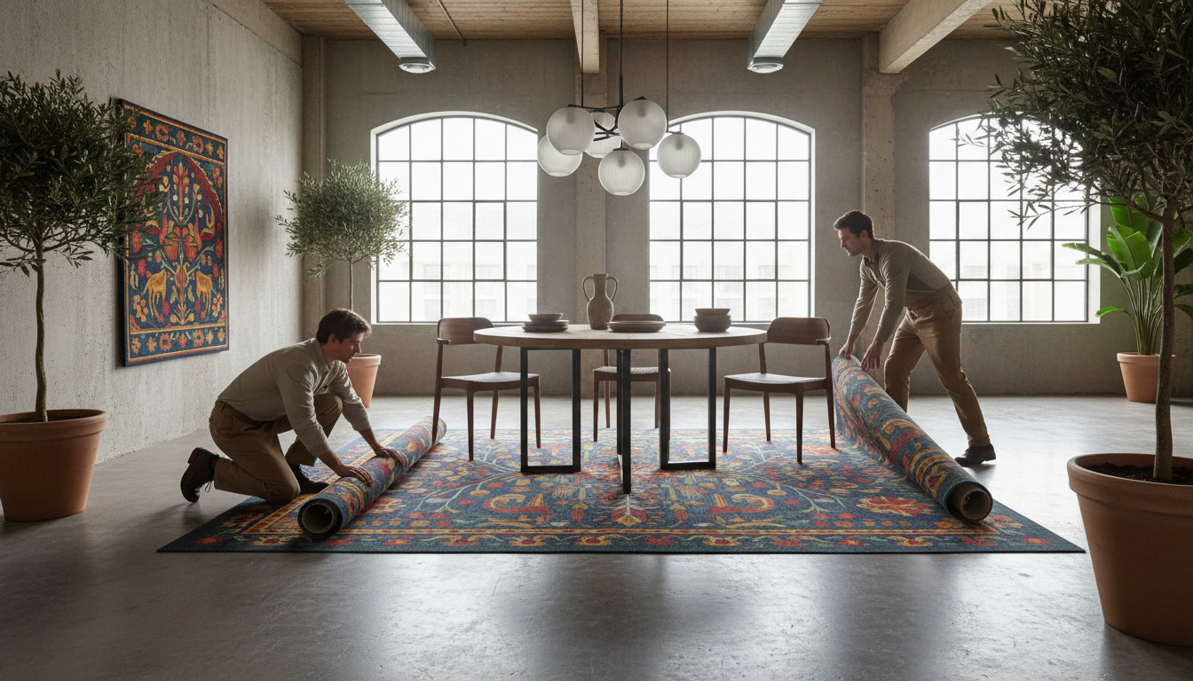 Large Folk Nouveau rug anchoring a dining space in a modern industrial loft.