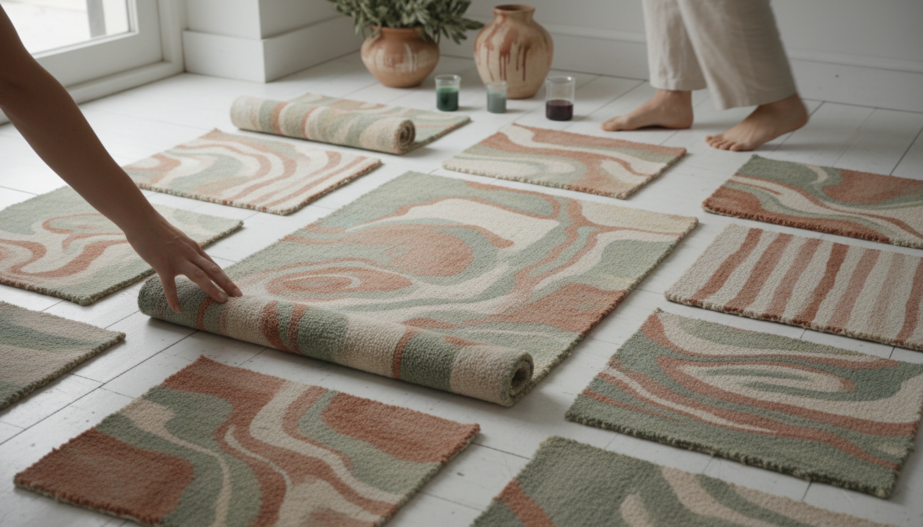 Naturally dyed sustainable bio-fiber rug samples showing 2026 color trends.