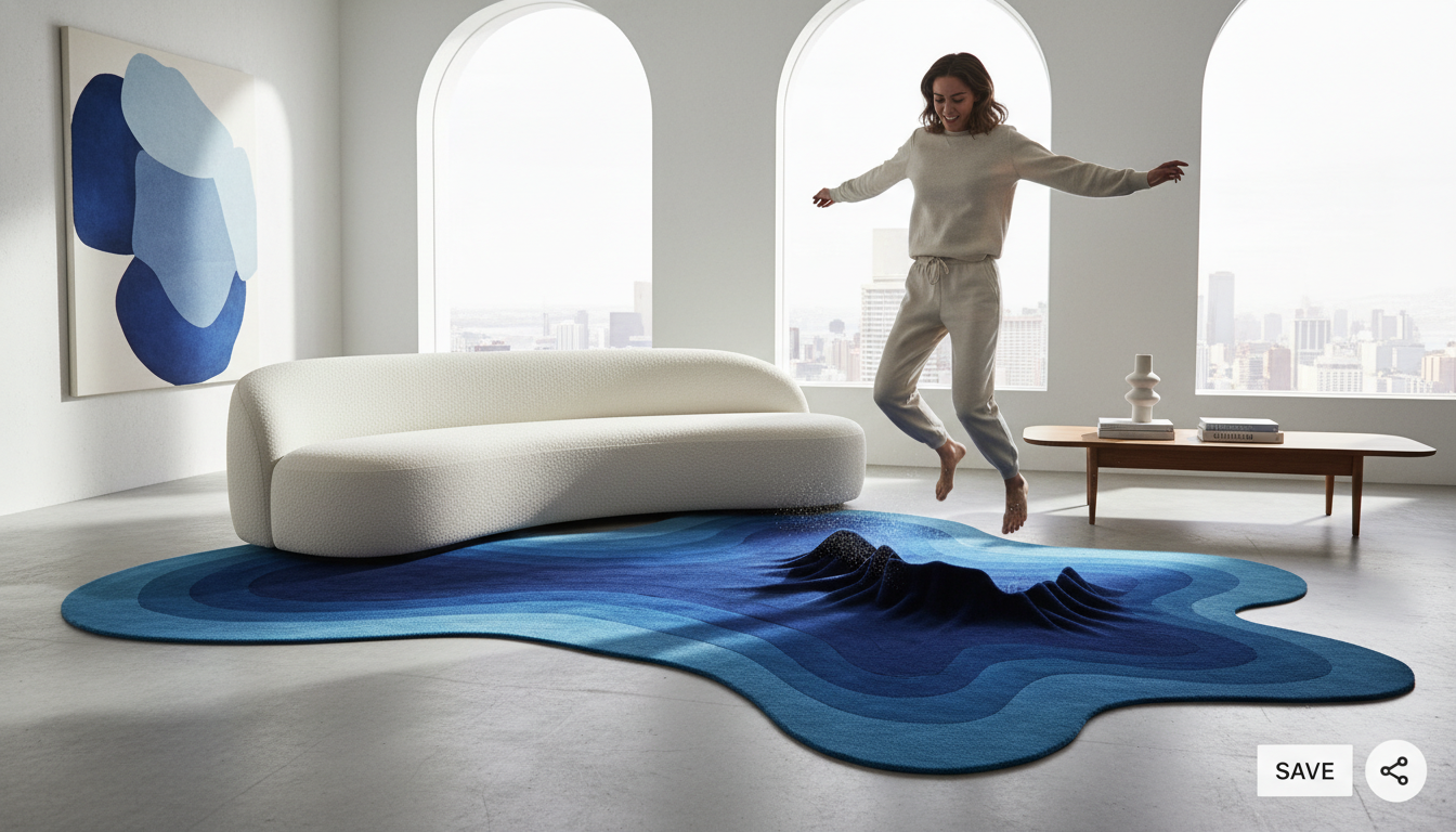 Unique organic-shaped tonal blue rug serving as an sculptural piece of art for the floor.