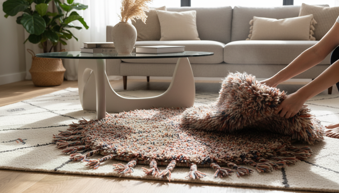 Expert layering of a flat-weave base rug with a high-pile Afro-Bohemian heritage rug for added interior depth.