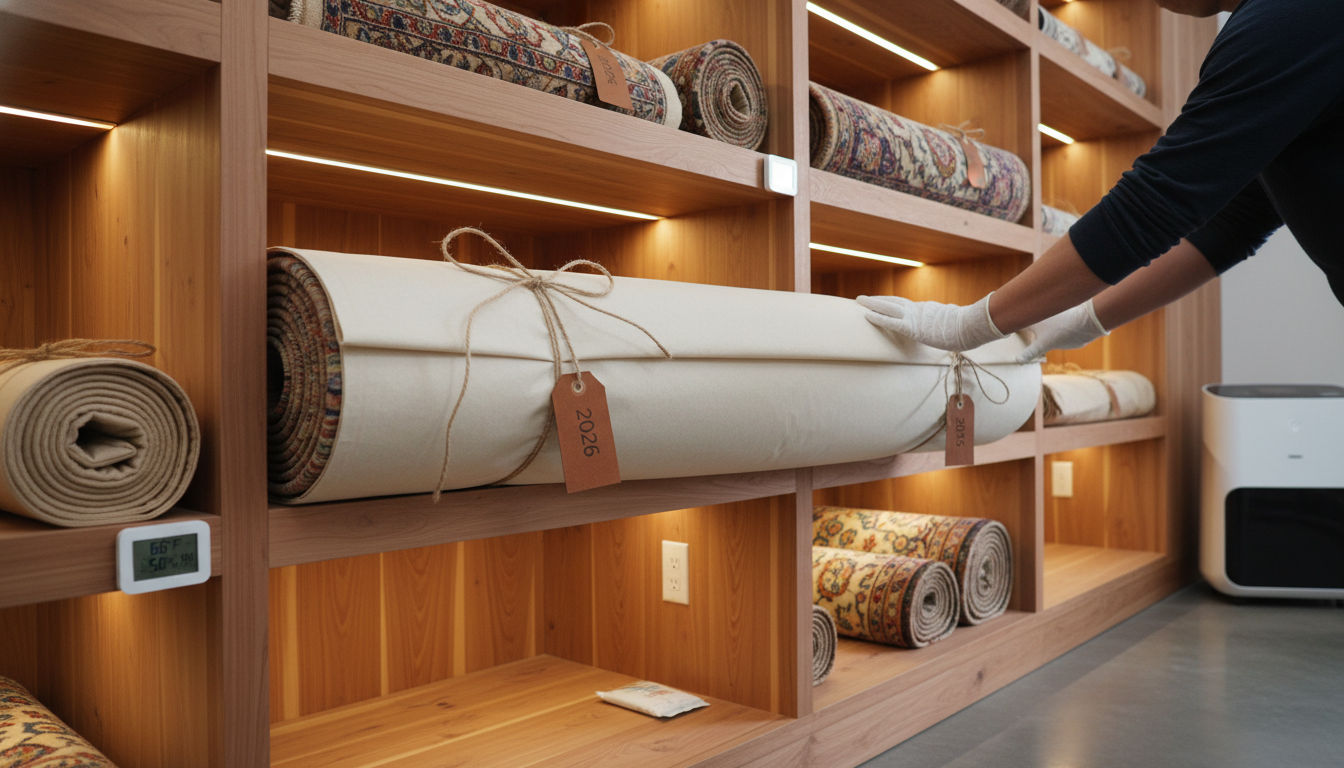 The proper way to roll and wrap a rug for long-term storage using acid-free archival materials.