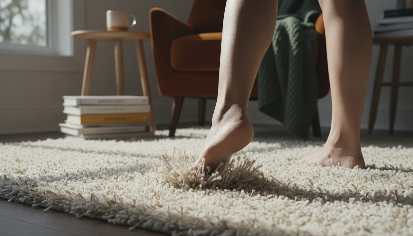 Close-up of feet on a plush sensory rug demonstrating the tactile comfort and psychological grounding of the texture.