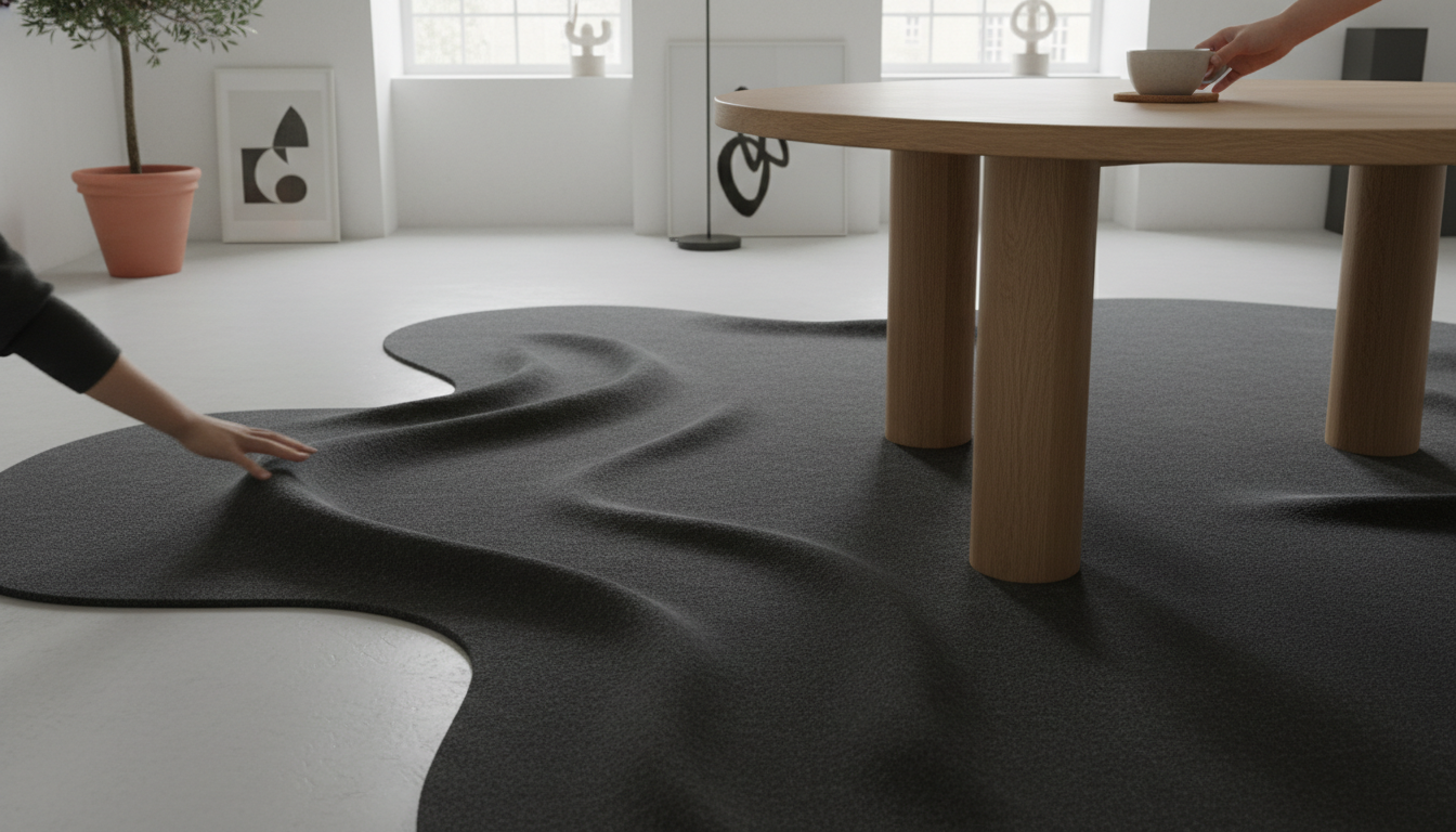 Round dining table perfectly centered on a dark-toned undulating wave-edged rug.