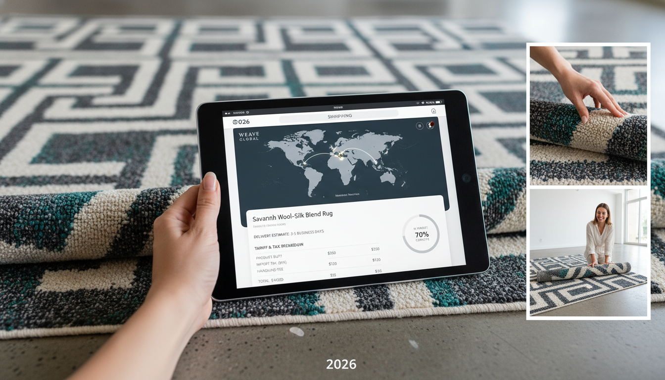 User interface showing transparent rug shipping and tariff tracking for US buyers.