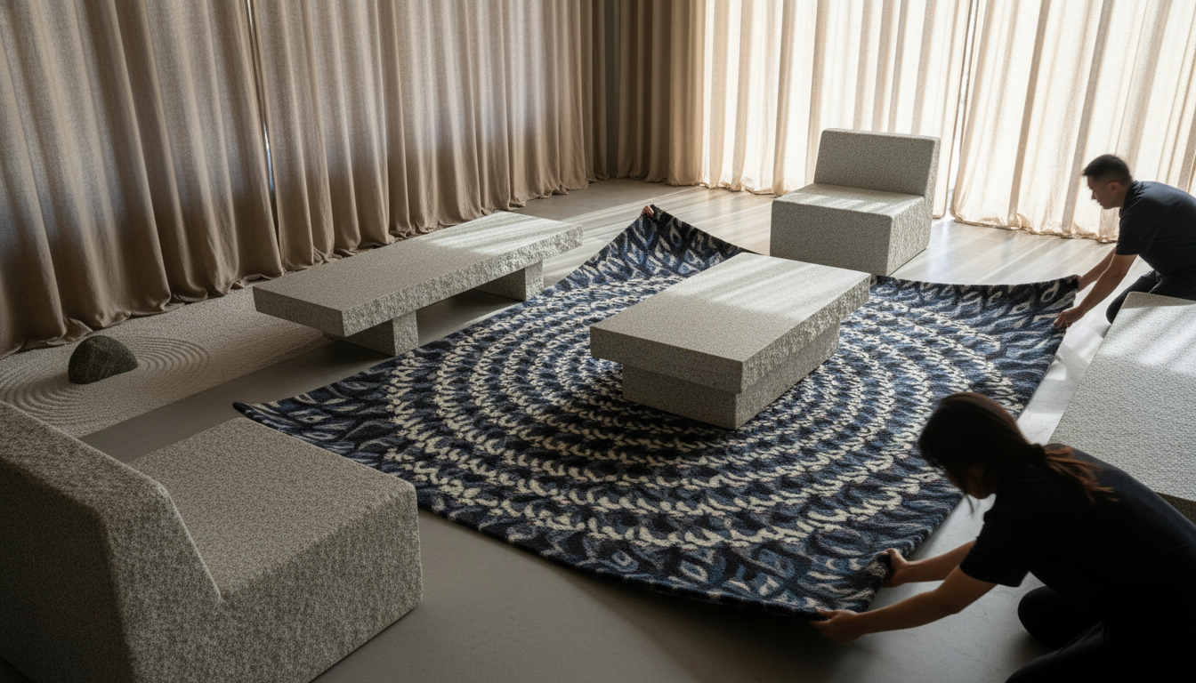 A balanced interior design featuring a complex fractal pattern rug paired with simple stone furniture.