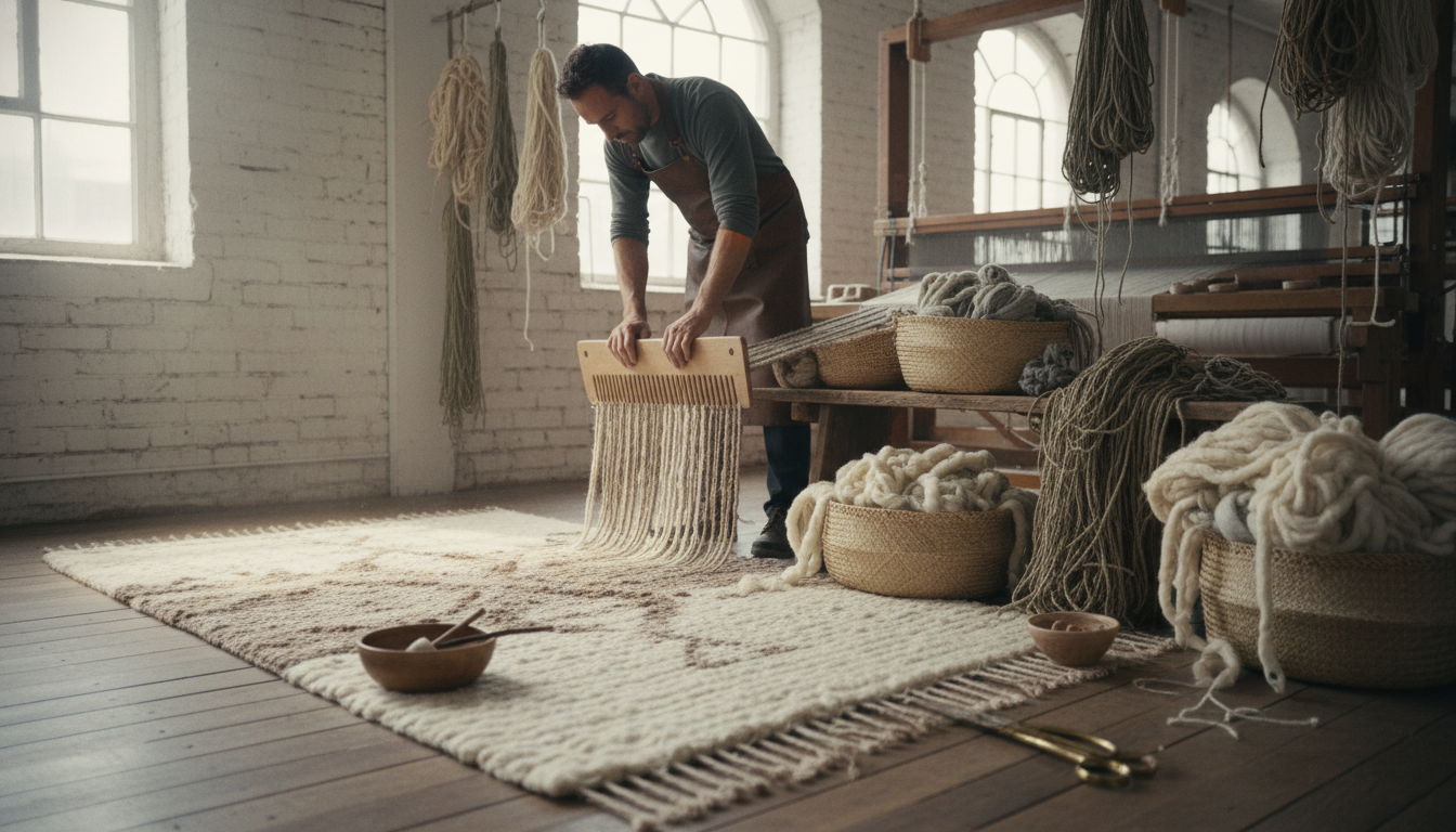Natural undyed wool fibers in an artisan rug-making studio.