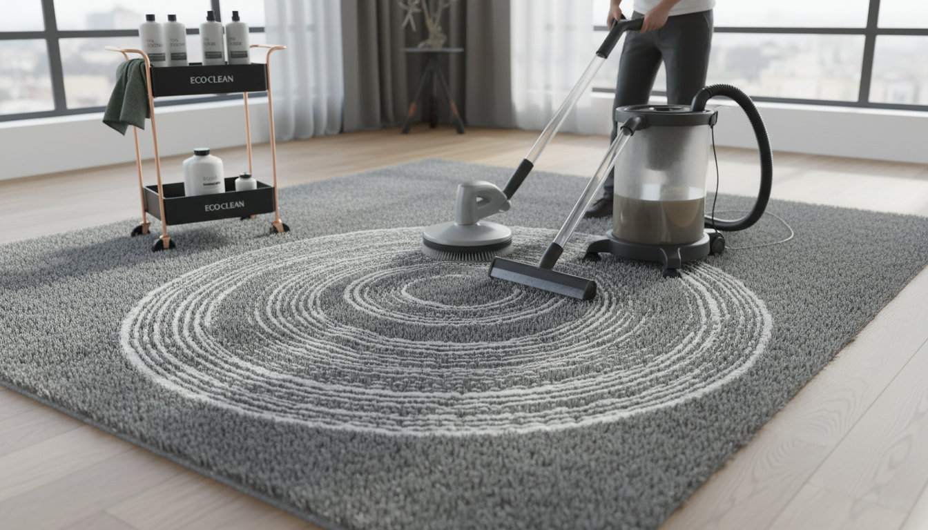 A well-maintained grey wool rug looking pristine in a clean, brightly lit interior.