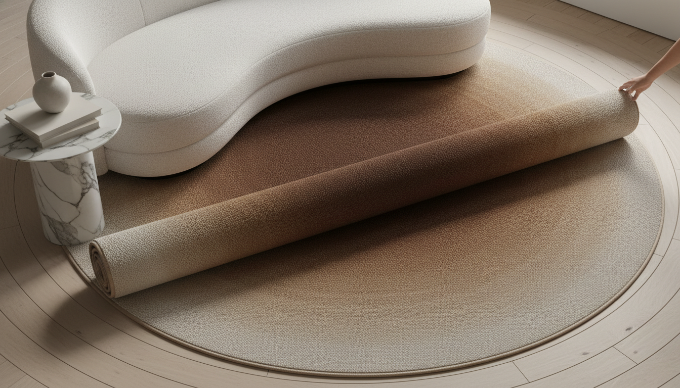 Styling guide visual showing a mocha ombre rug paired with 2026's curved furniture trends.