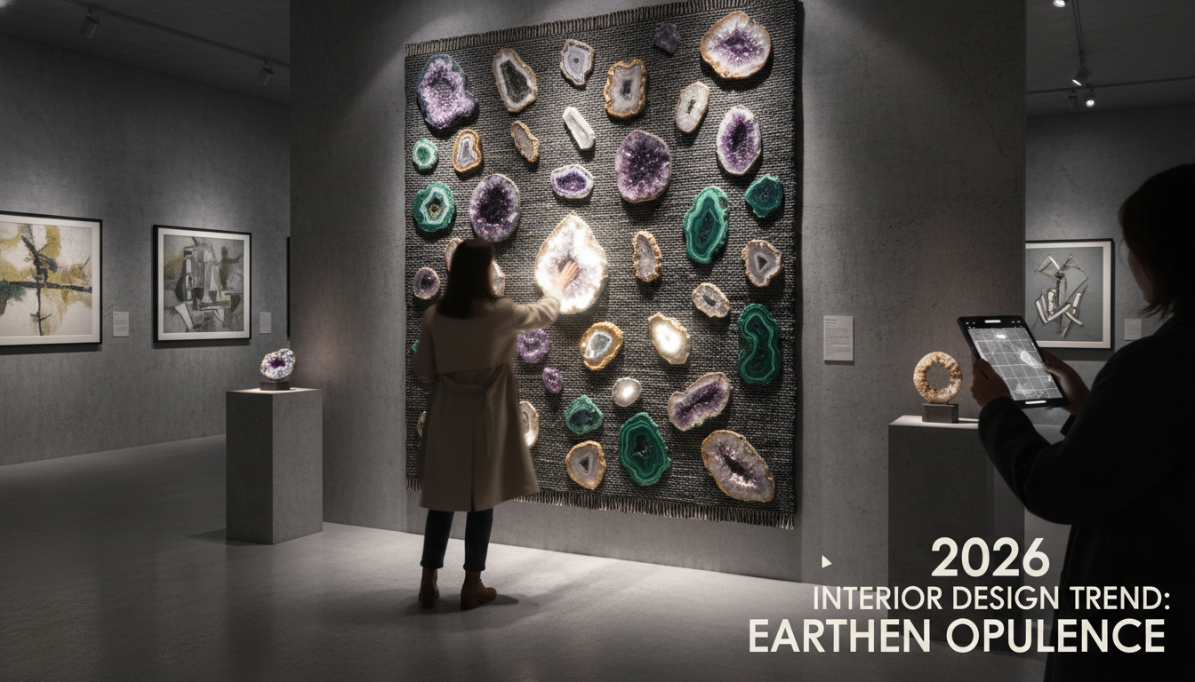 A mineral-inlay rug displayed as wall art to highlight its status as a high-end investment piece.