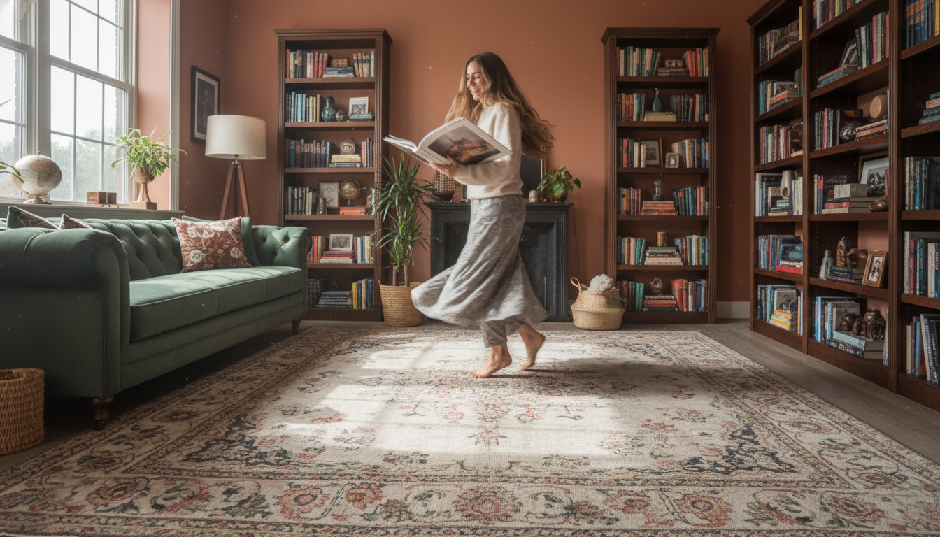 Eclectic library room showcasing the layering of a vintage-style heritage rug with velvet upholstery.