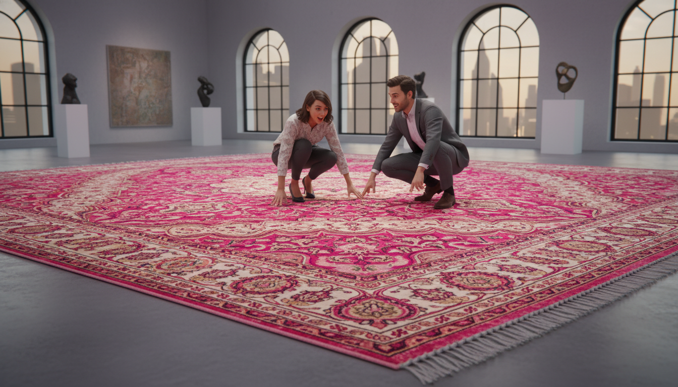 Interior design consultation showing the selection of a pink oriental rug as a personalized gift for a luxury home.