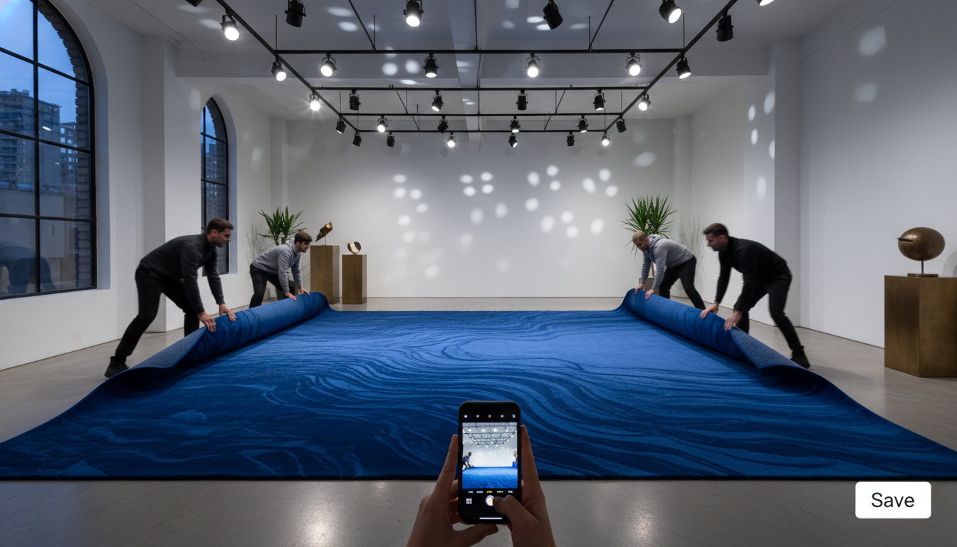 A gallery-style presentation of a deep sapphire saturated jewel tone rug emphasizing its status as a foundational art piece.