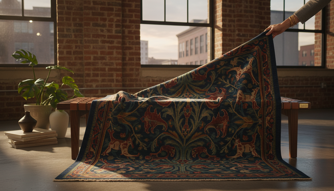 Folk Nouveau flatweave rug as a high-value interior design investment piece.