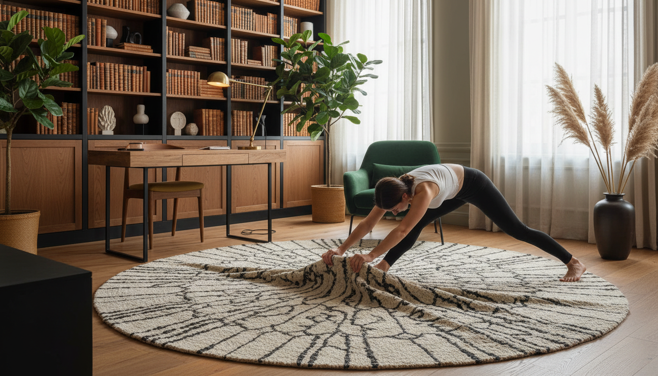 A sophisticated home office featuring a sustainable bio-fiber rug 2026 as a long-term investment piece.