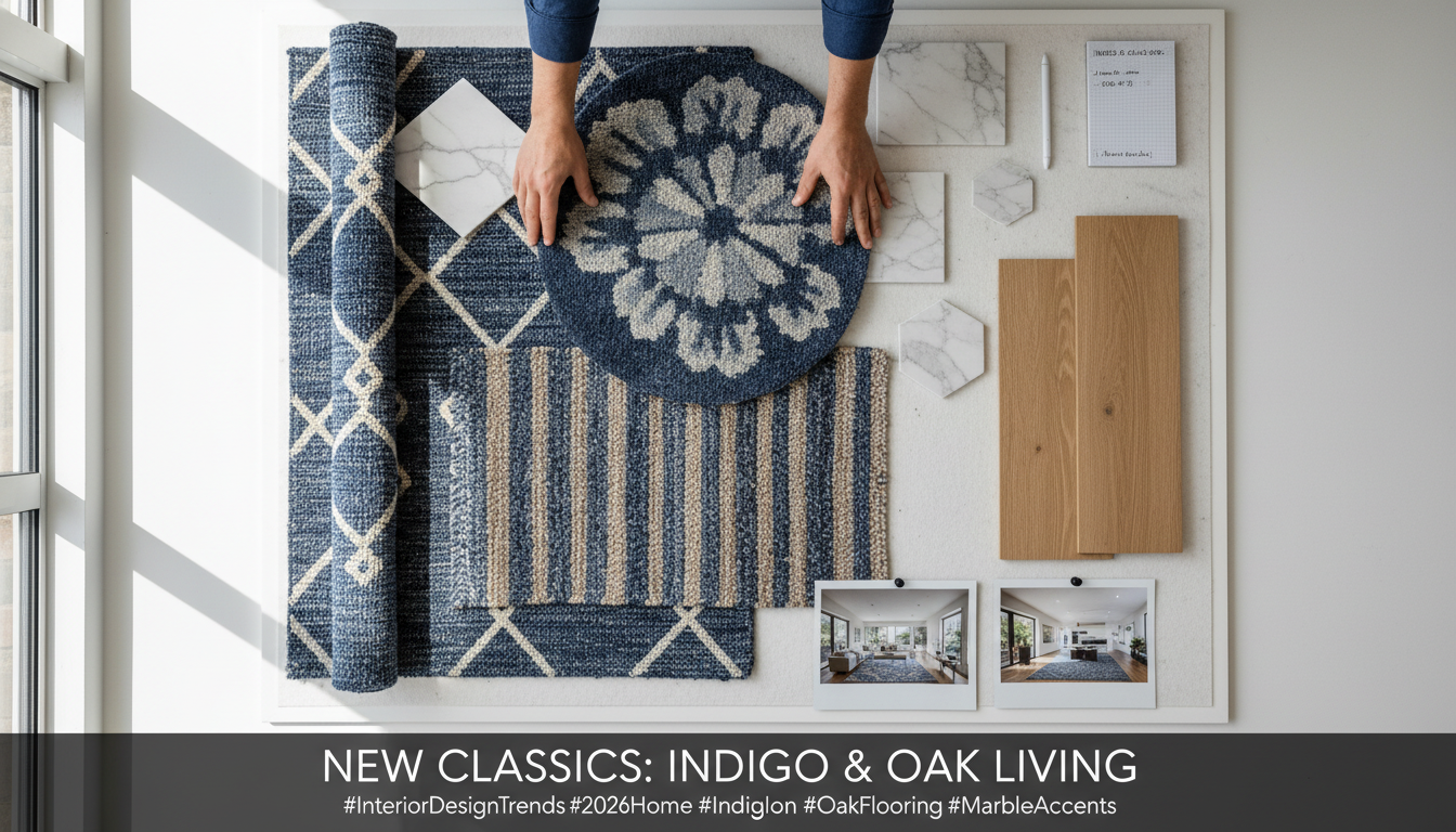 Interior design mood board illustrating the selection of tonal blue rugs 2026 for a timeless luxury home.