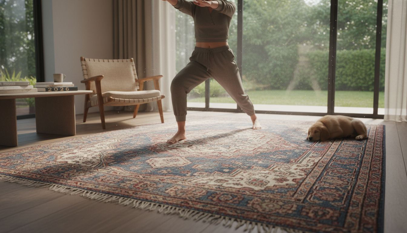 Timeless investment-grade Afro-Bohemian rug in a sunlit study environment.