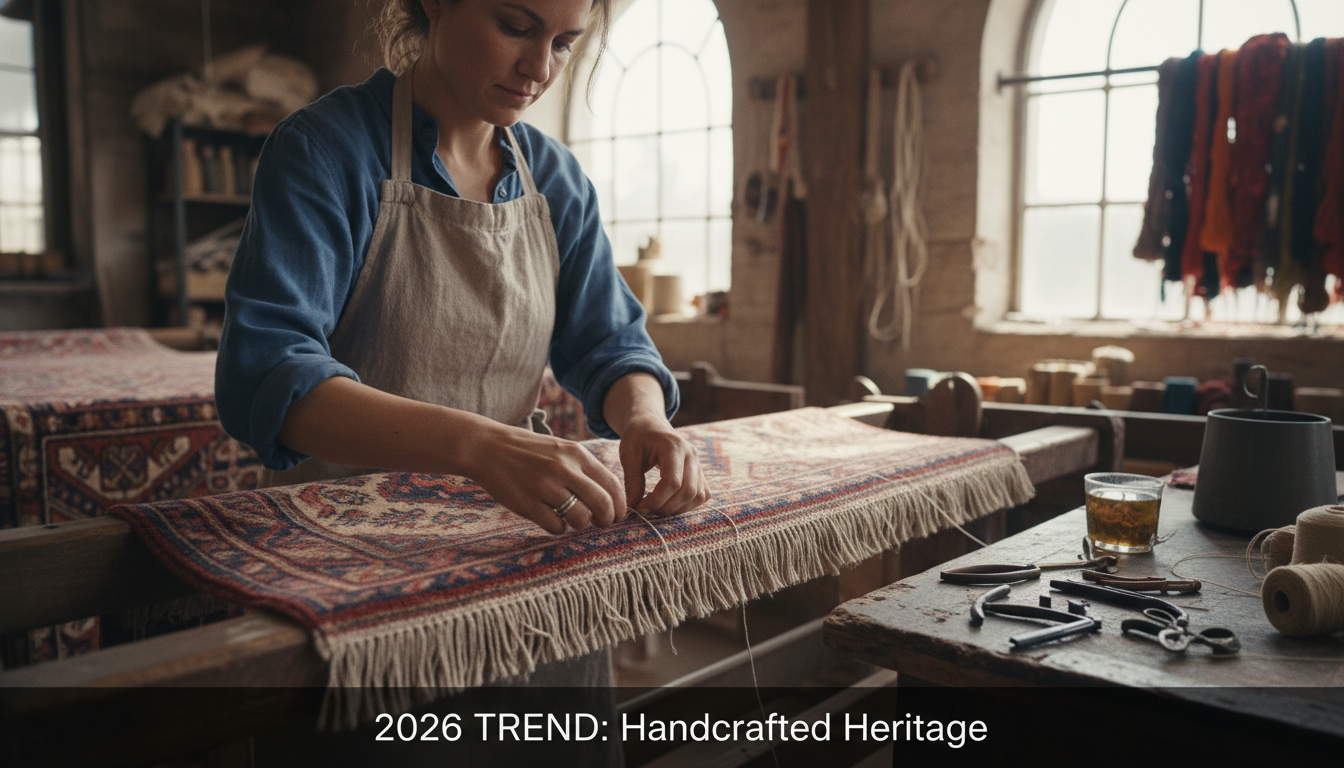 A skilled craftsman performing delicate hand-repair on the fringe of a vintage textile to restore its original beauty.