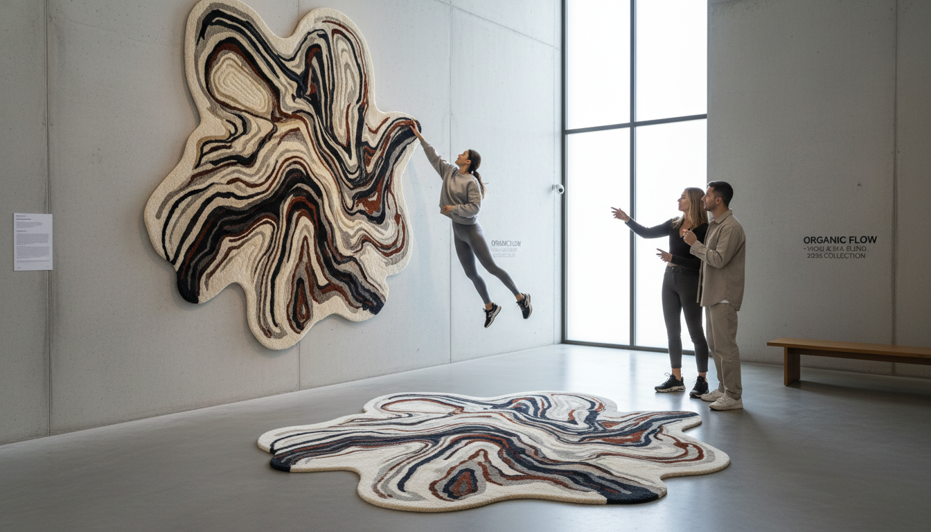 High-end sensory rug displayed as floor art and wall tapestry in a sophisticated gallery-style home.