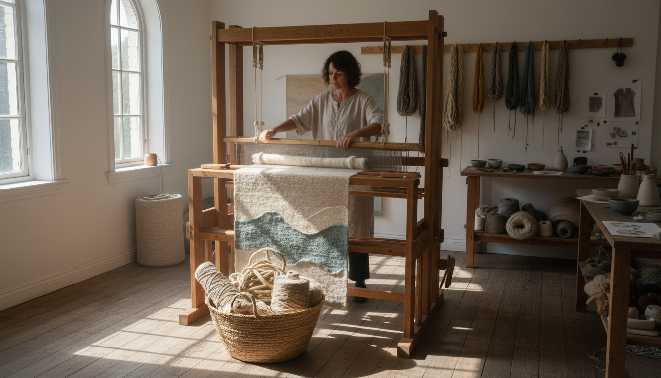 Artisan studio featuring the sustainable production of a hand-tufted undulating wave-edged rug.