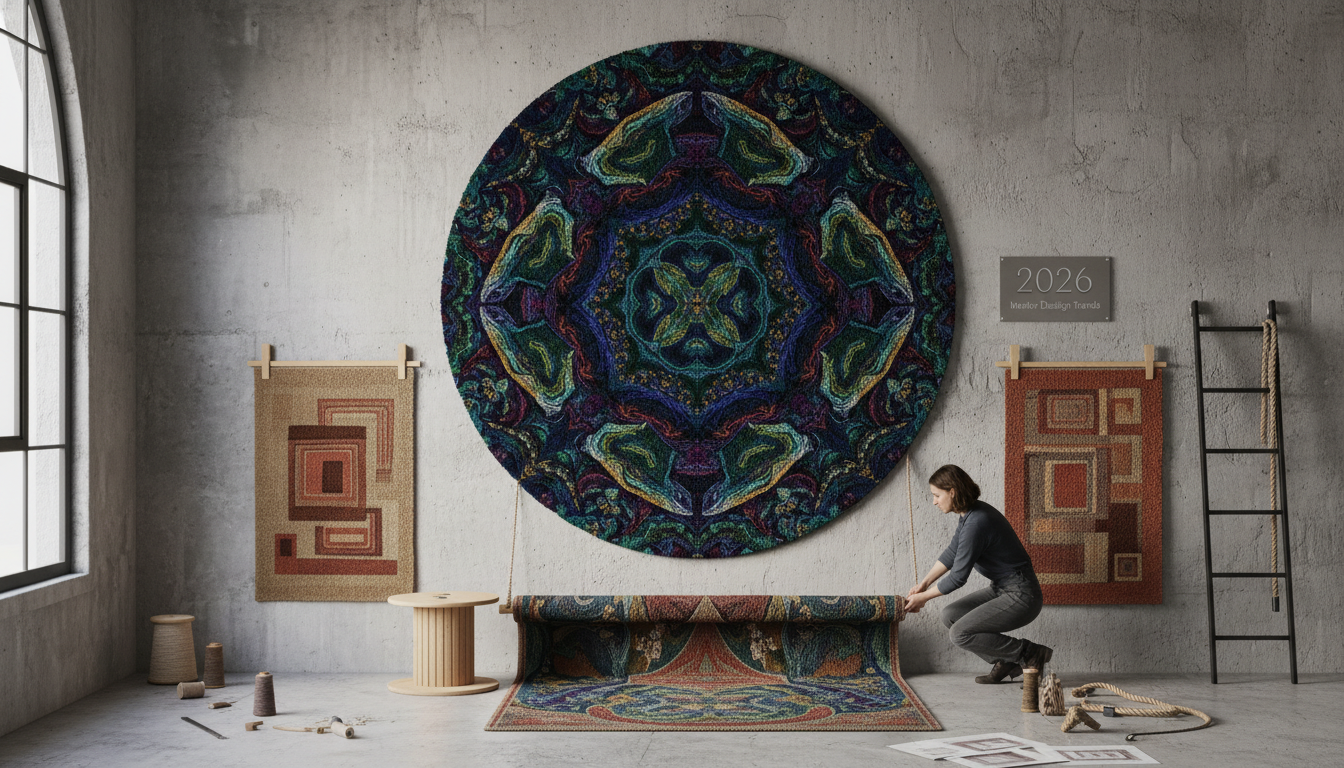 A circular fractal pattern rug displayed as wall art in a high-end gallery setting.