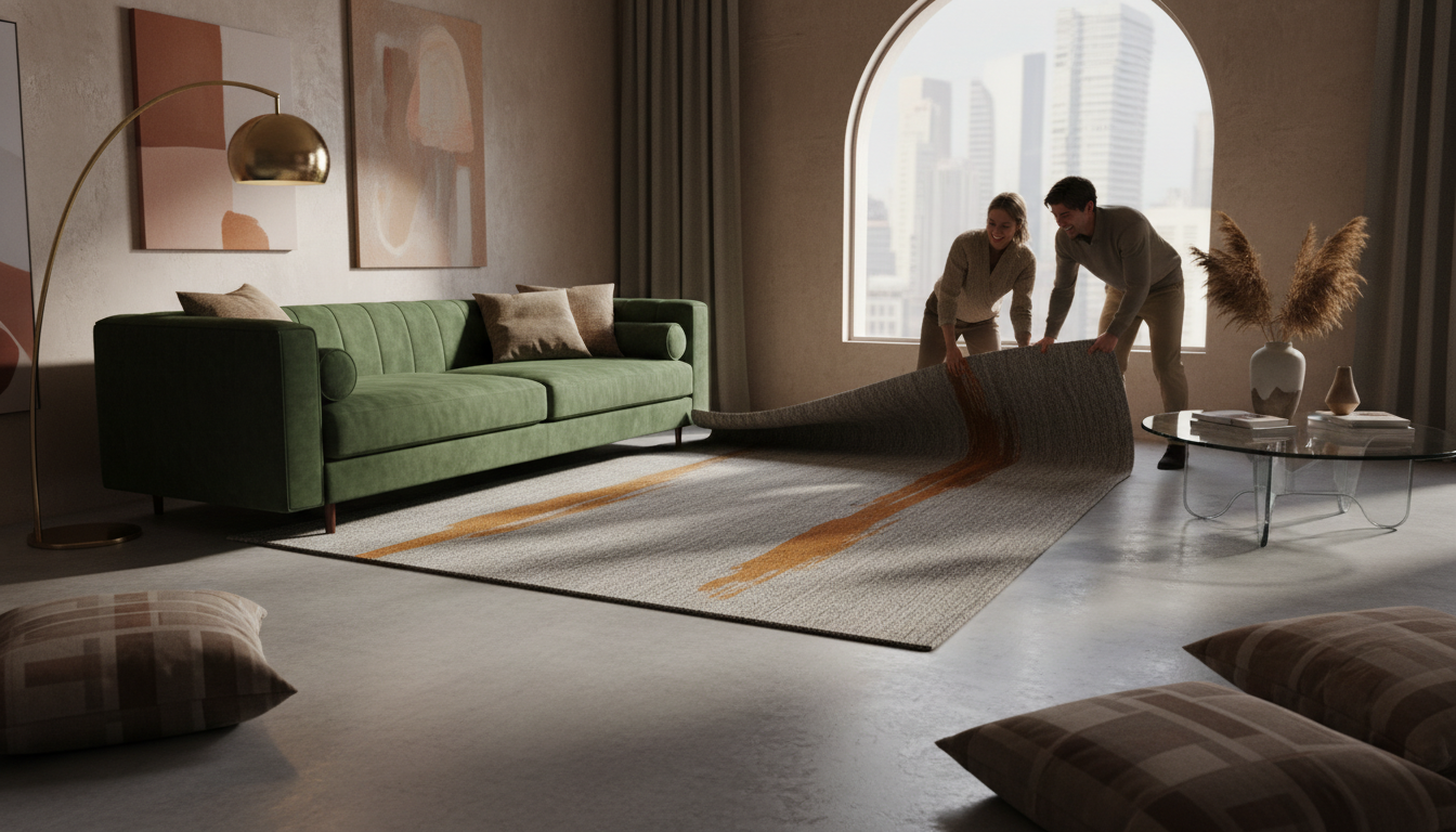 Interior lighting and furniture pairings designed to complement scorched ochre rugs.