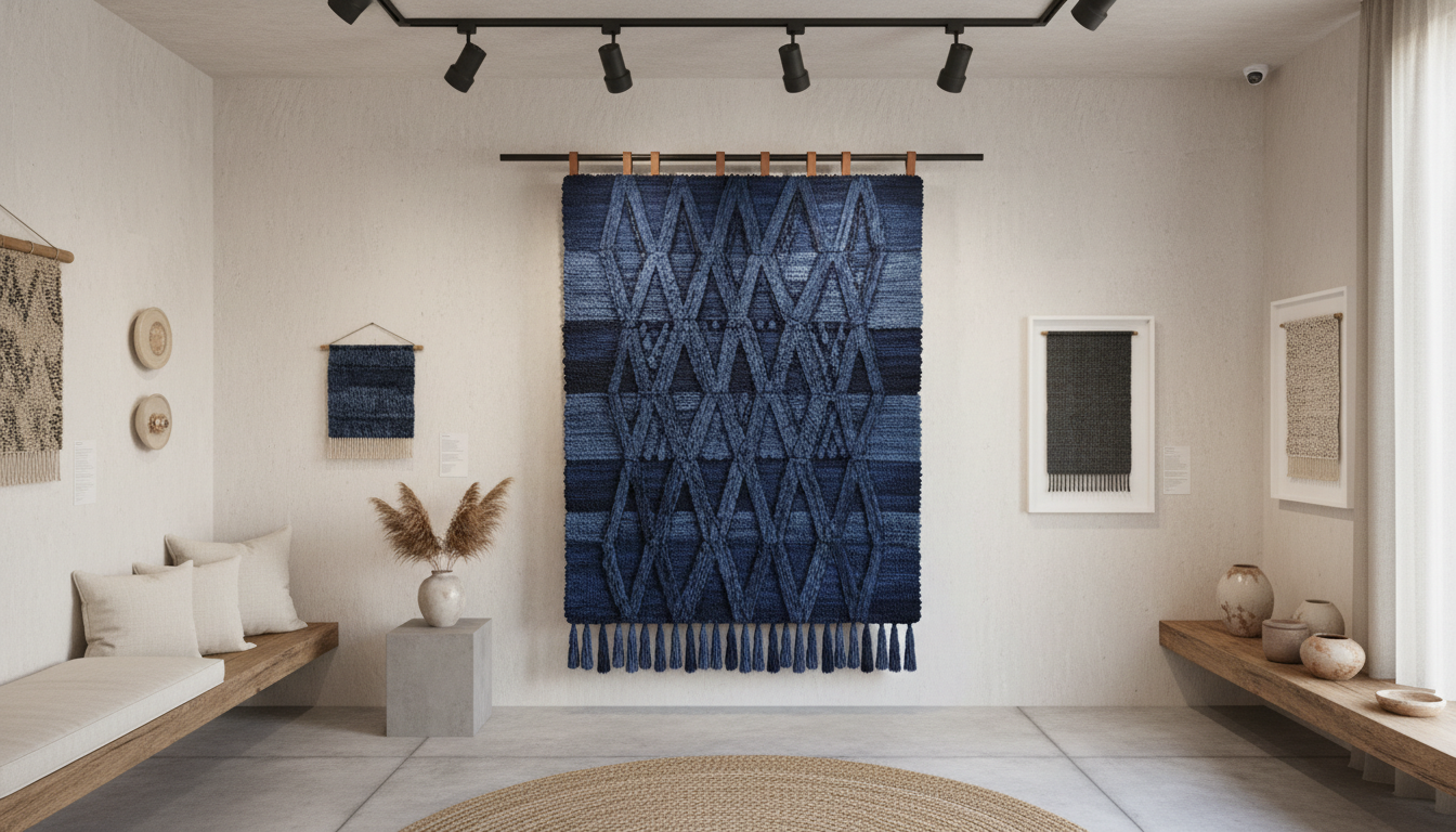 Artistic display of a hand-woven stone-washed indigo hemp rug presented as floor art in a gallery setting.
