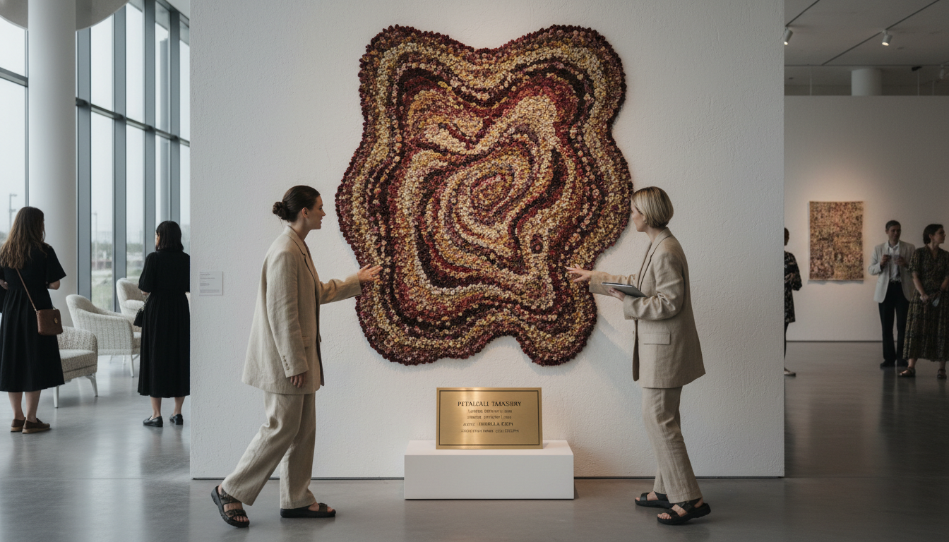 A petal-woven rug displayed as a piece of art to highlight its enduring aesthetic and financial value.
