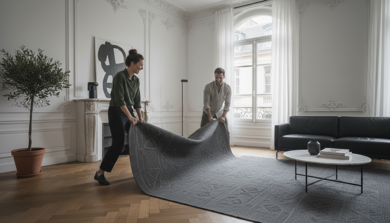 A timeless charcoal grey rug in a classic European-style apartment showcasing longevity in design.