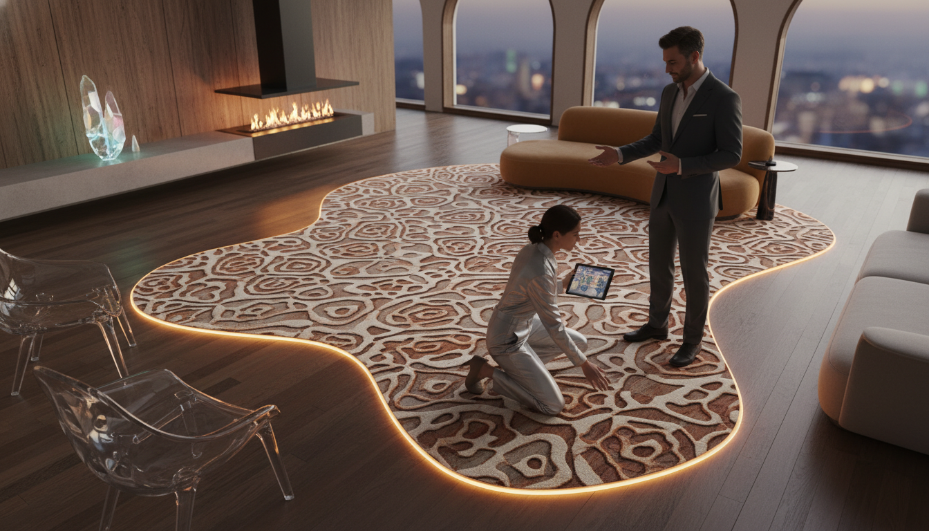 Innovative 2026 rug design with integrated lighting and 3D textures in a luxury home.