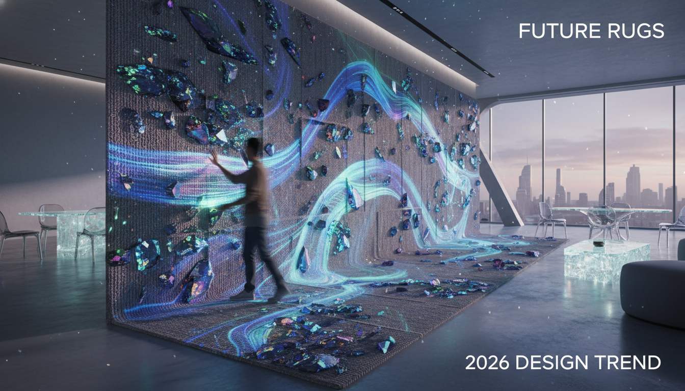 A forward-looking interior space featuring innovative use of mineral-inlay textiles in 2026 and beyond.