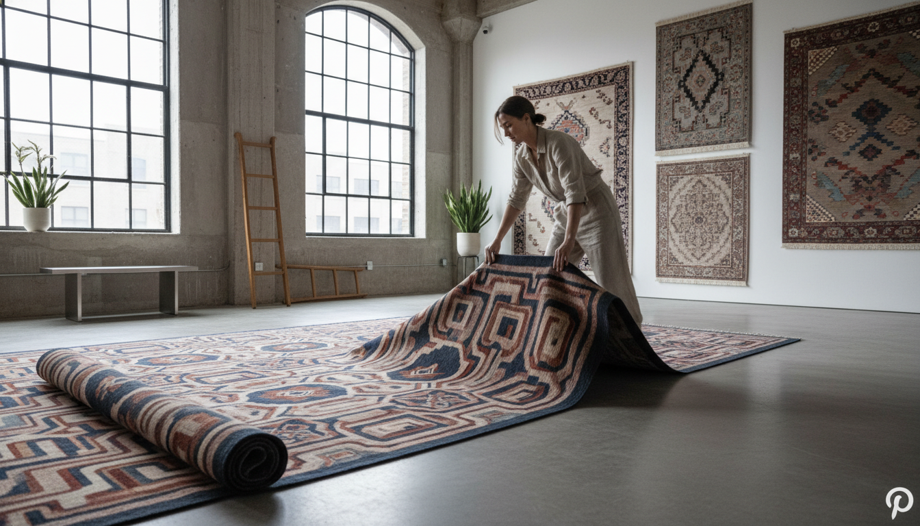 A luxury interior gallery showcasing rugs as collectible art pieces rather than temporary decor.