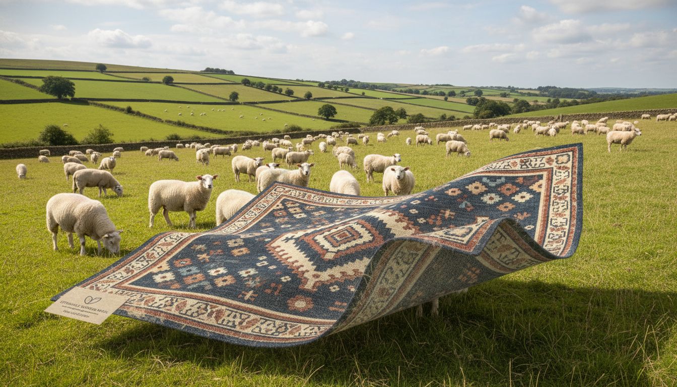 Visual representation of sustainable and regenerative wool sourcing for English heritage rugs.