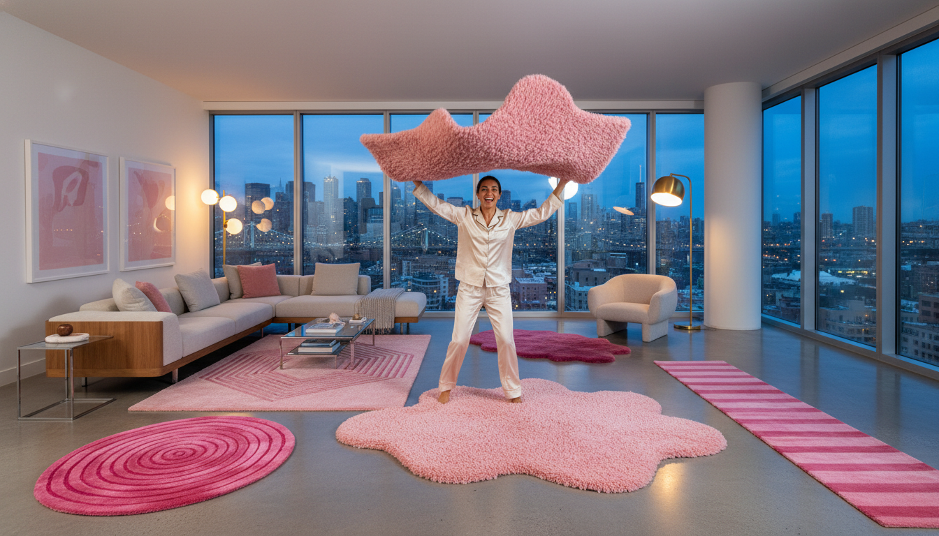 Contemporary penthouse interior featuring various pink designer rugs as cohesive floor art elements.