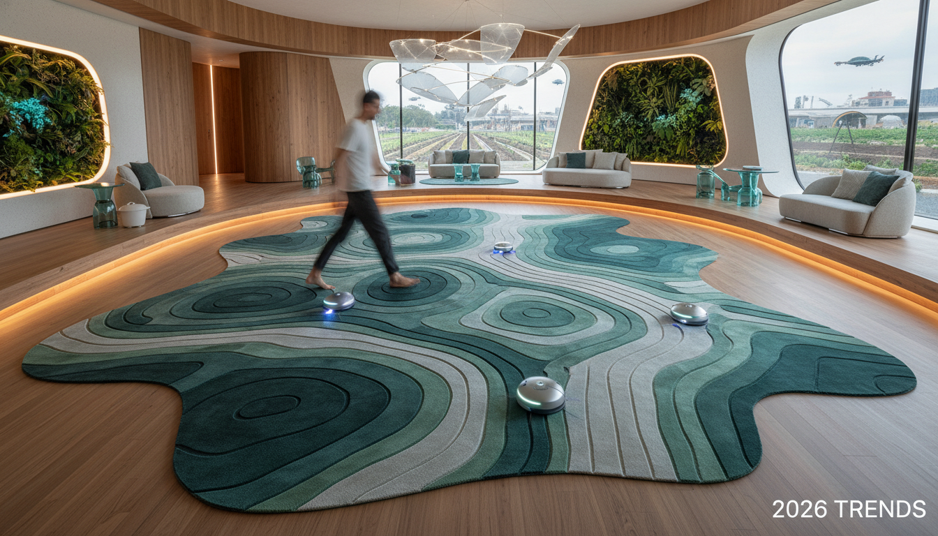 Forward-looking interior design concept featuring advanced textured Tencel eucalyptus rugs for 2027.