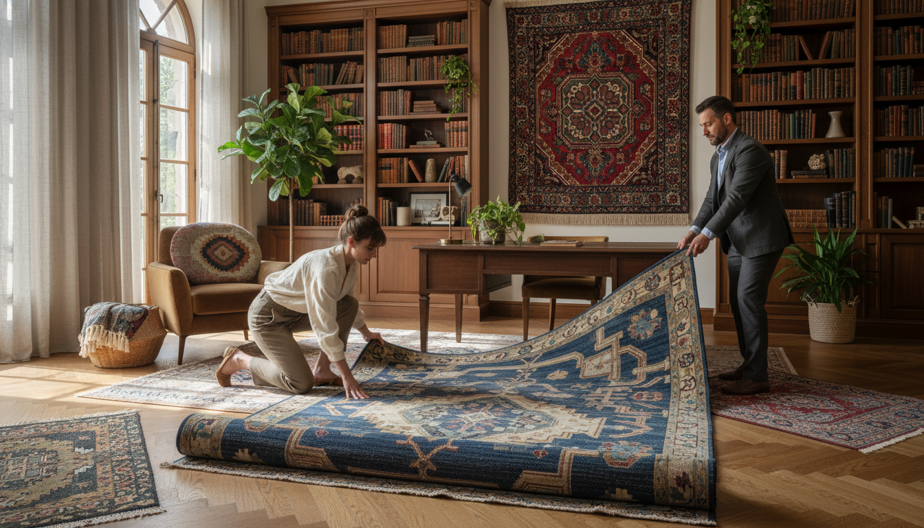 Elegant home library featuring a curated collection of investment-grade rugs as art.