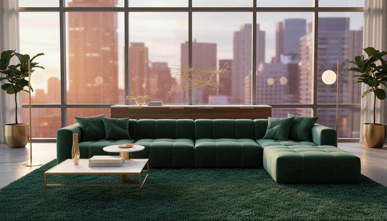 A living room featuring saturated monochromatic rugs 2026 in deep emerald.