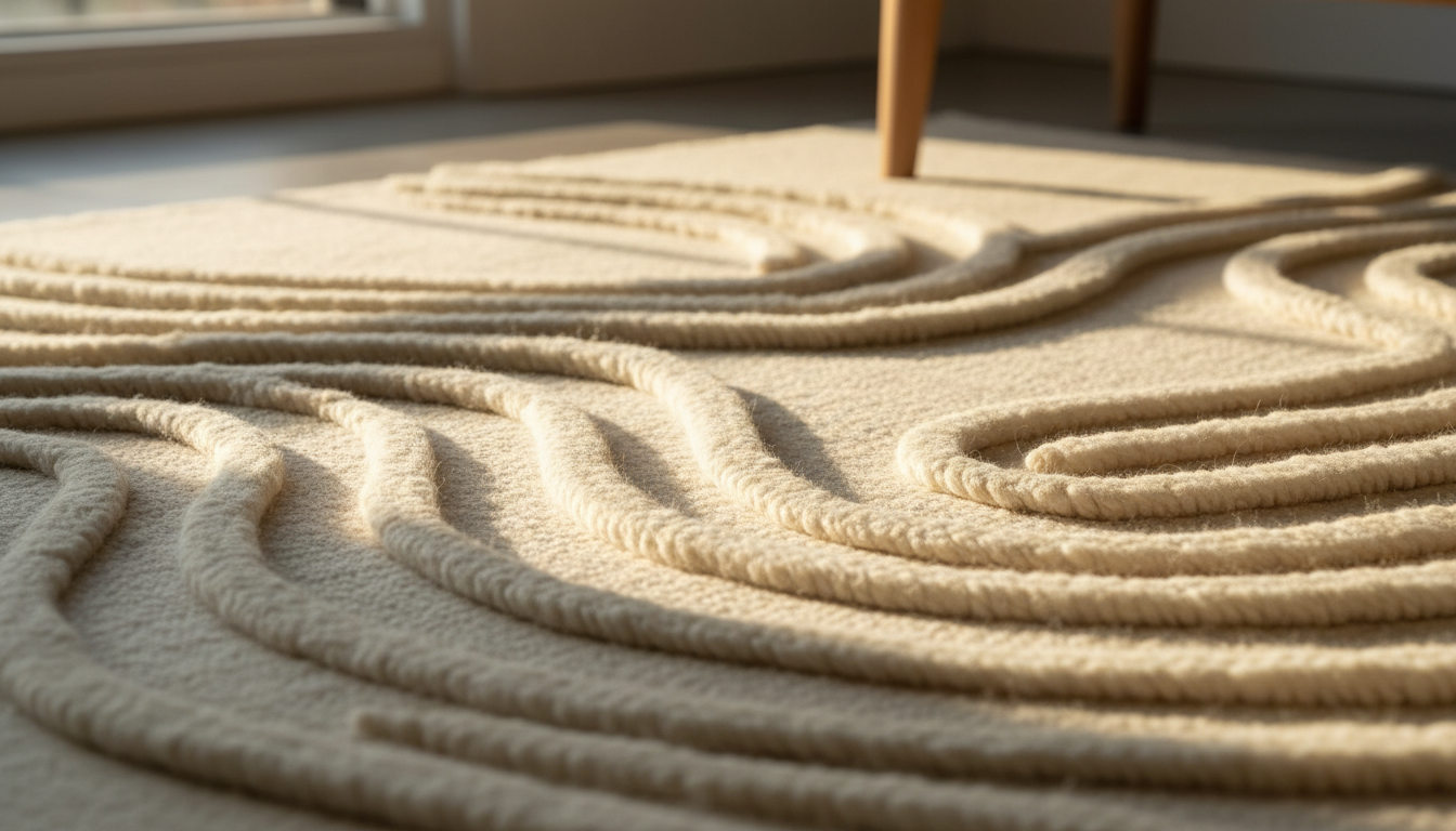 A close-up of a high-low pile rug showing texture-maxxing details.