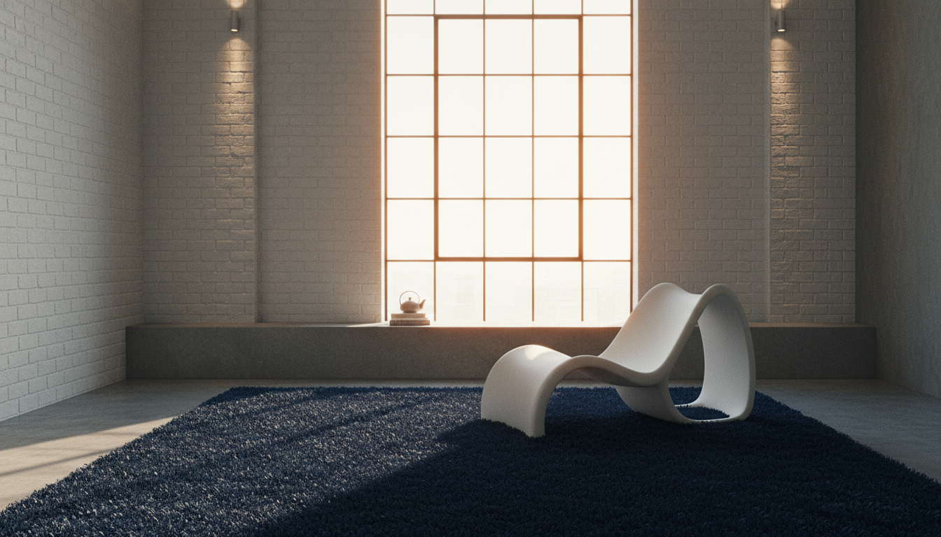 A high-visual minimalism interior featuring saturated monochromatic rugs 2026.