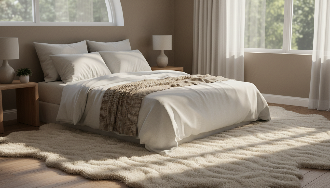 Soft 3D sculpted rugs in a master bedroom.