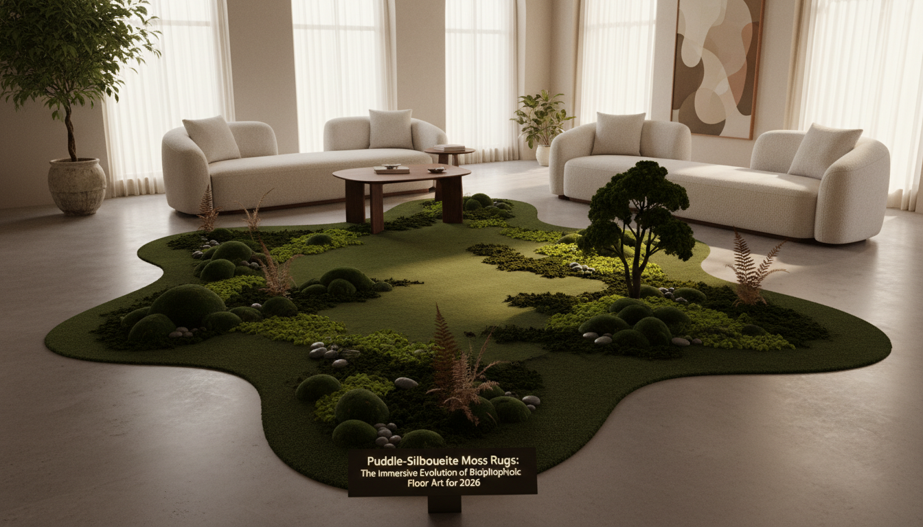 Puddle-Silhouette Moss Rugs: The Immersive Evolution of Biophilic Floor Art for 2026
