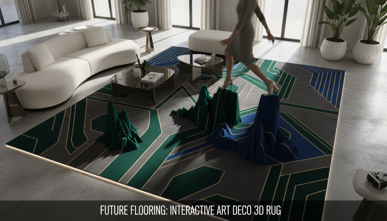 Neo-Deco rugs 2026 featuring asymmetrical geometric patterns and 3D architectural depth in a luxury living room.