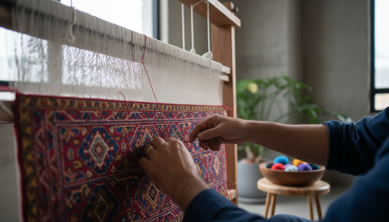 Master weaver tying an intricate Persian knot on a traditional vertical loom representing the slow luxury of hand-knotted rug production.