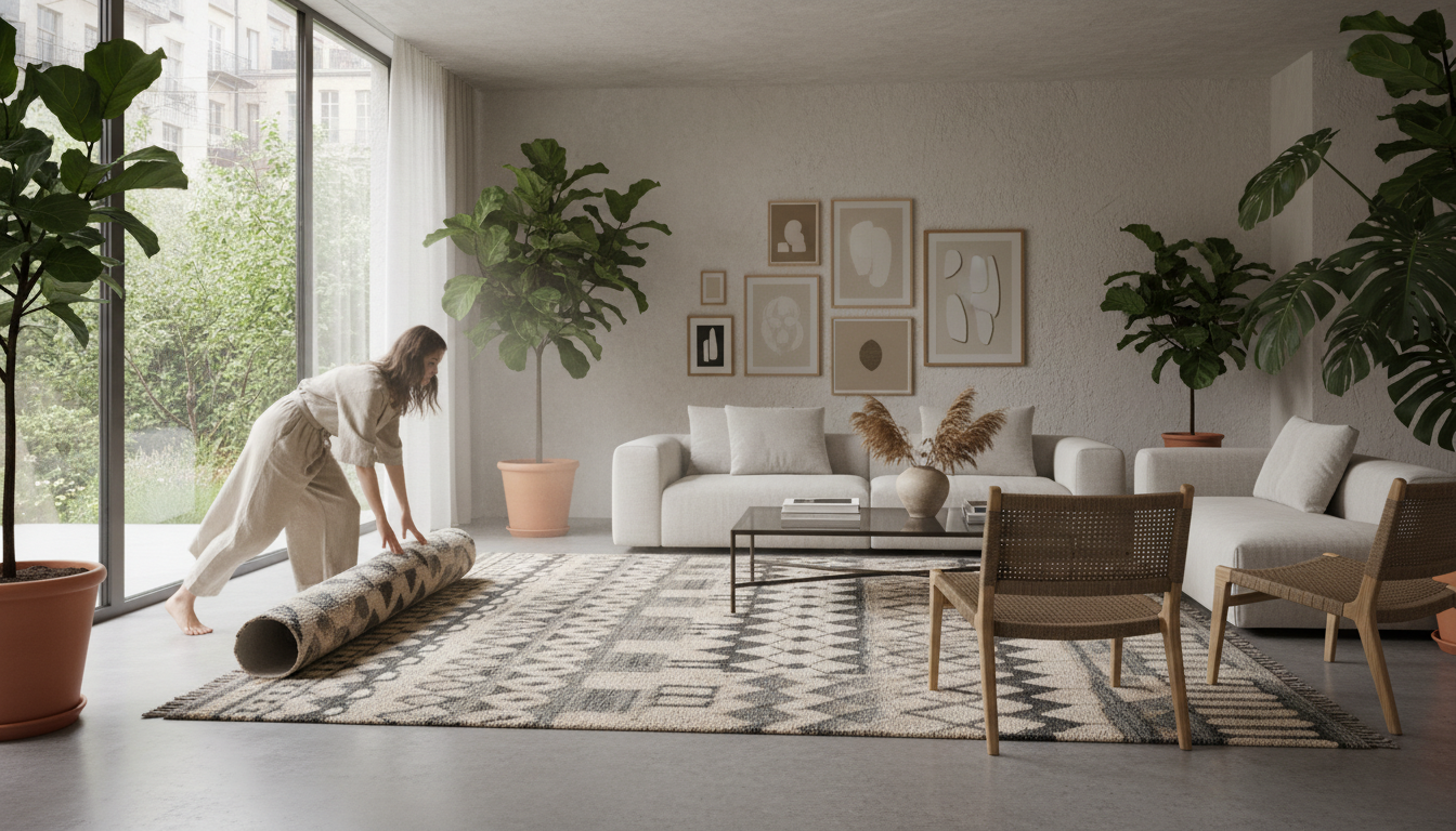 A sophisticated interior showcasing Afro-Bohemian rugs 2026 trends with deep texture and neutral tones.