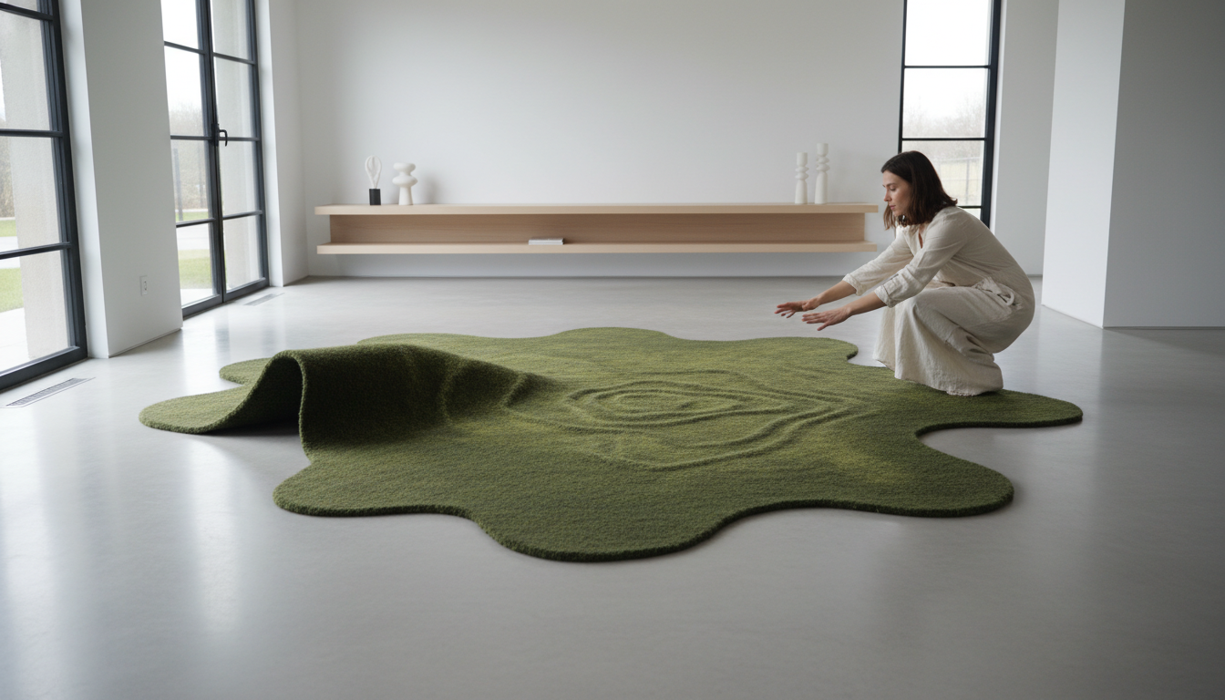 An irregular green puddle-silhouette moss rug placed in a modern living room to demonstrate the contrast between organic shapes and linear architecture.