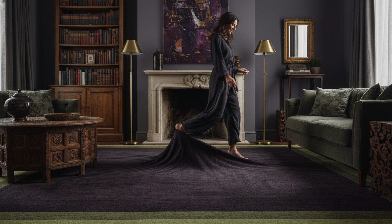 A moody living room featuring a deep Plum Noir woven rug under architectural furniture, exemplifying the Moody Maximalist Rugs 2026 trend.