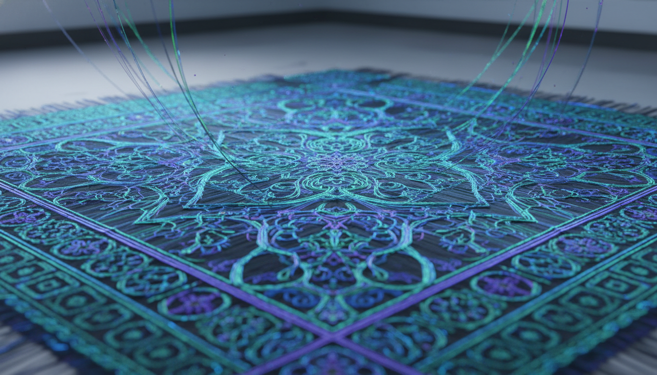 Detailed microscopic visualization of 2026 smart-fiber technology mimicking biological neural networks for rug weaving.