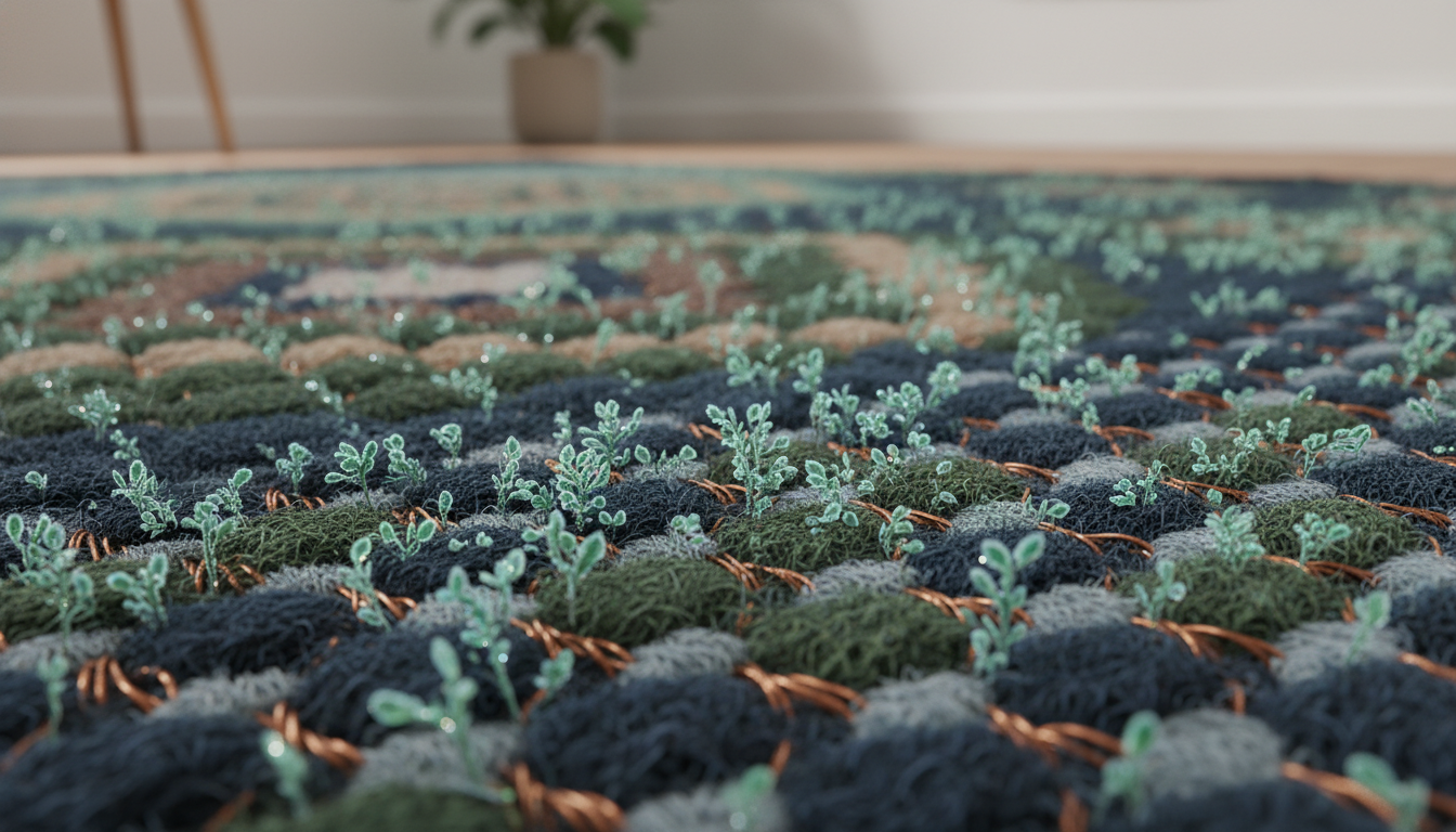 Macro view of textile fibers showing the intricate oxidation process of copper into a green verdigris patina.