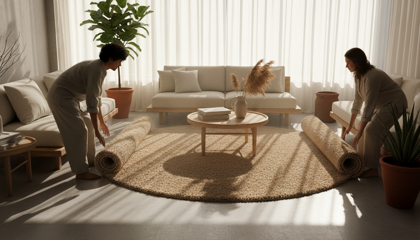 Luxury boho living room featuring a regenerative lyocell rug with deep texture and neutral tones.