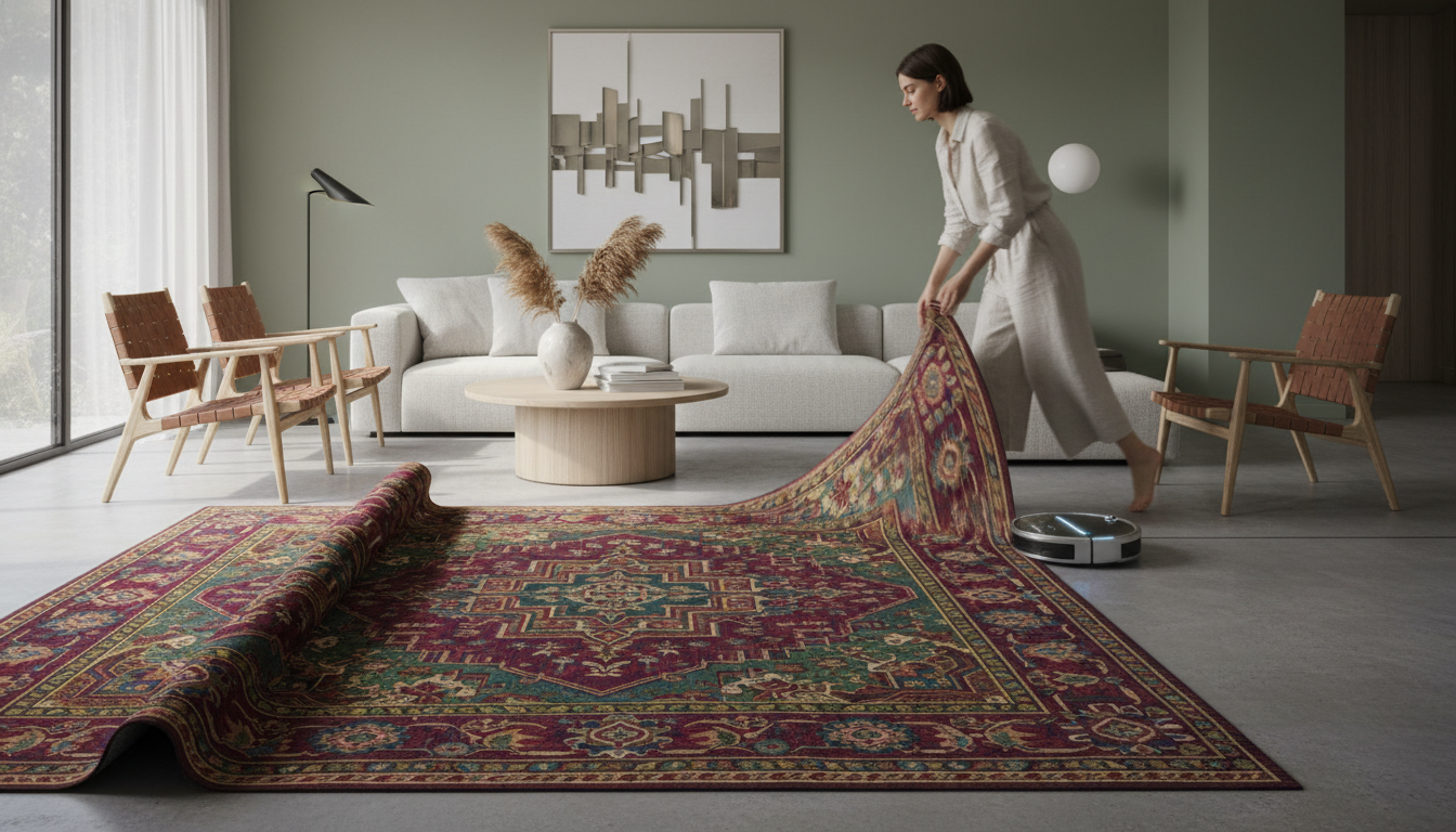 A large vintage-style rug serving as a central art piece in a minimalist living room, illustrating how to decorate with rugs as art for the floor.